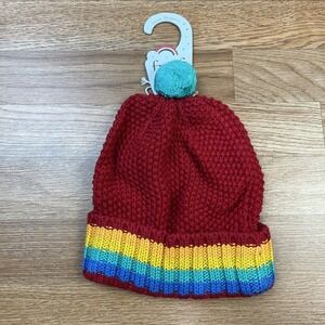 Frugi Blizzard Bobble Hat Tango Red/Rainbow Kids 6-10 Years Winter Beanie NEW